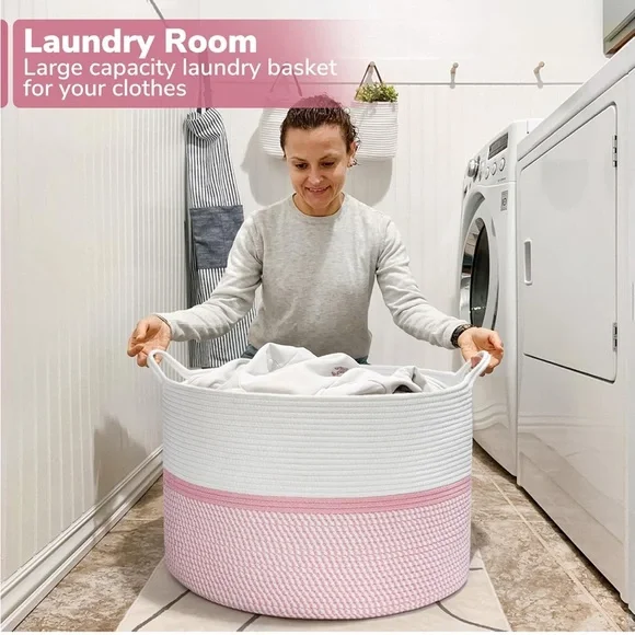 XXXL Large Laundry Basket Handles Blanket Baskets Living Room Woven Cotton - Picture 3 of 6